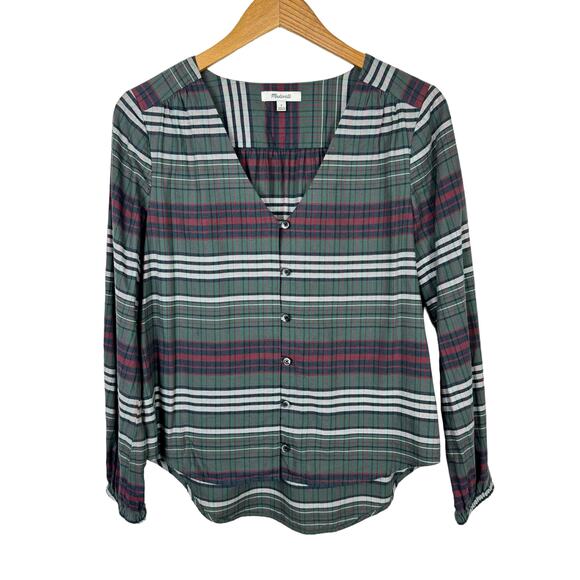 Madewell V-Neck Button Down Shirt in Pineview Plaid Green Flannel Top - Picture 6 of 13